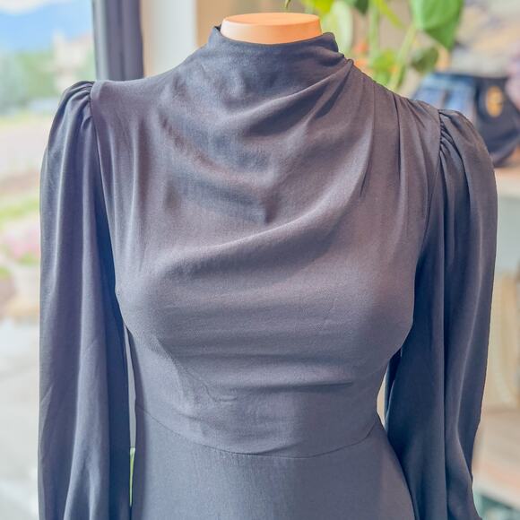 Express, Long Sleeve Draped Mock Neck Ruffle Black Mini Dress Women’s X-Small - Picture 3 of 12